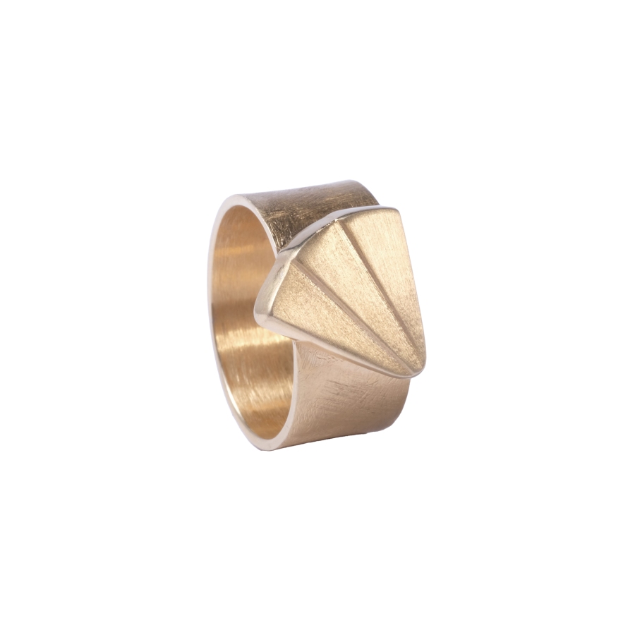 Srebrny, złocony pierścionek-sygnet wachlarzyk